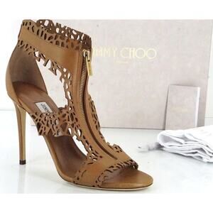 Jimmy Choo Brown Laser Cut Out Megan T Strap Zip Top Sandals